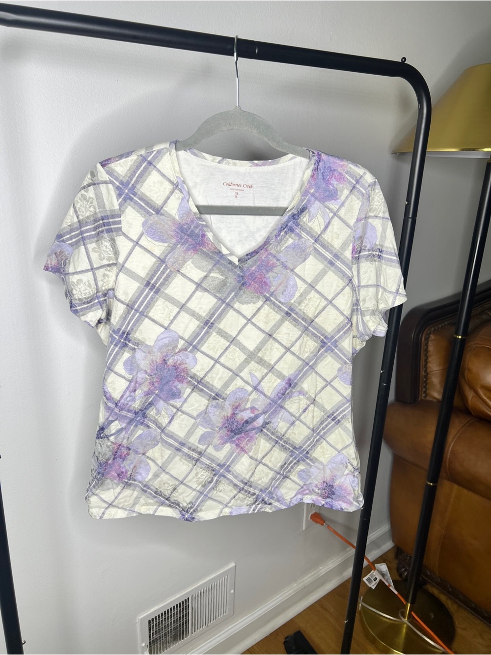 Coldwater Creek White and Lavender Plaid Floral V-Neck Tee